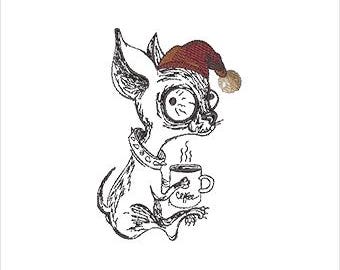 Coffee Chihuahua Embroidery Design - Christmas Dog Sketch Machine Embroidery (Instant Download, 8 Formats, 5 Sizes)