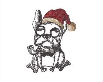 Fancy Bulldog Machine  Embroidery Design - Christmas Dog Sketch Digital File  (Instant Download, 8 Formats, 5 Sizes)