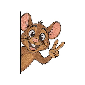 May include: Embroidered cartoon mouse with brown fur, large ears, and a pink nose. The mouse is peeking from behind a black line and giving a peace sign with its right hand. The mouse has a big smile and white teeth.