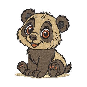 Pode incluir: Design bordado de um panda em tons de castanho, bege e preto. O panda tem olhos grandes e expressivos e está sentado com as patas para a frente. O design é provavelmente para um patch ou aplicação.