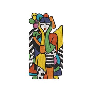 May include: An embroidered artwork featuring a stylized figure with a colorful, geometric design. The figure has closed eyes and is framed by a black and white striped background. The color palette includes yellow, green, orange, and blue.