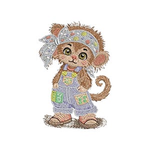 Diseño de bordado a máquina de mono con overol de retazos: texturas realistas y detalladas (5 tamaños, 8 formatos de archivo digital)