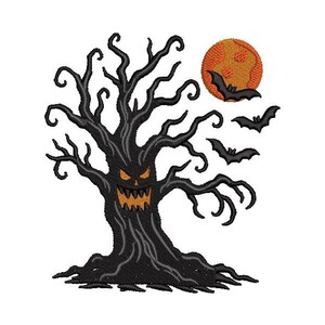 May include: A spooky Halloween design featuring a black tree with a carved face and an orange moon. Three black bats fly in front of the moon. The tree has many twisted branches.