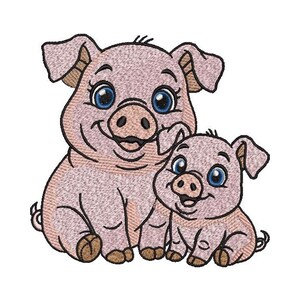 Könnte beinhalten: Eine Cartoon-Illustration eines rosa Schweins mit einem kleineren rosa Schwein, das sich daneben kuschelt. Beide Schweine haben blaue Augen und lächeln.