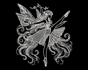 May include: A white embroidered design of a fairy on a black background. The fairy is depicted in a ballet pose, with one leg extended. She has long flowing hair, wings, and a tutu. The design is detailed and delicate.