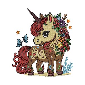 May include: Embroidered unicorn with a brown horn, mane, and tail. The unicorn has a tan body with floral and heart details. A wreath of flowers adorns its head. Two blue butterflies and orange stars are also present.