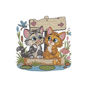 May include: An embroidered design featuring two cartoon kittens sitting on a log near a pond. A wooden sign with a heart and arrow is behind them. The design includes a dragonfly, flowers, and water plants, all in bright colors.
