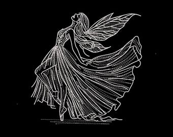 May include: A white line drawing of a fairy on a black background. The fairy is depicted in a flowing gown with large, detailed wings, her head tilted upwards. The artwork is a delicate, ethereal representation of a mythical creature.