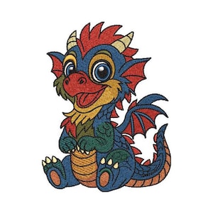 Diseño de bordado de dragón bebé colorido Diseño de bordado de dragón Diseño de dragón bordado a máquina Archivo digital 8 formatos ¡5 tamaños!