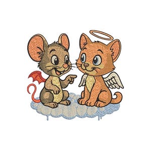 Könnte beinhalten: Gesticktes Design mit einer Cartoon-Maus mit Teufelsflügeln und einer Katze mit Engelsflügeln und Heiligenschein, die auf einer Wolke sitzen. Die Maus zeigt auf die Katze. Das Design ist in Braun-, Orange- und Blautönen gehalten.