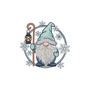 May include: Embroidered gnome design with a teal hat, white beard, and blue mittens, holding a lantern and a wooden staff. The gnome is surrounded by snowflakes and a circular frame.