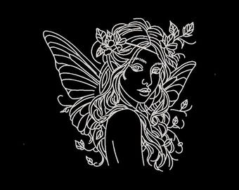 May include: A white line drawing of a fairy on a black background. The fairy has long, flowing hair, a floral crown, and delicate wings. The illustration is detailed and elegant, with a focus on the fairy's face and features.
