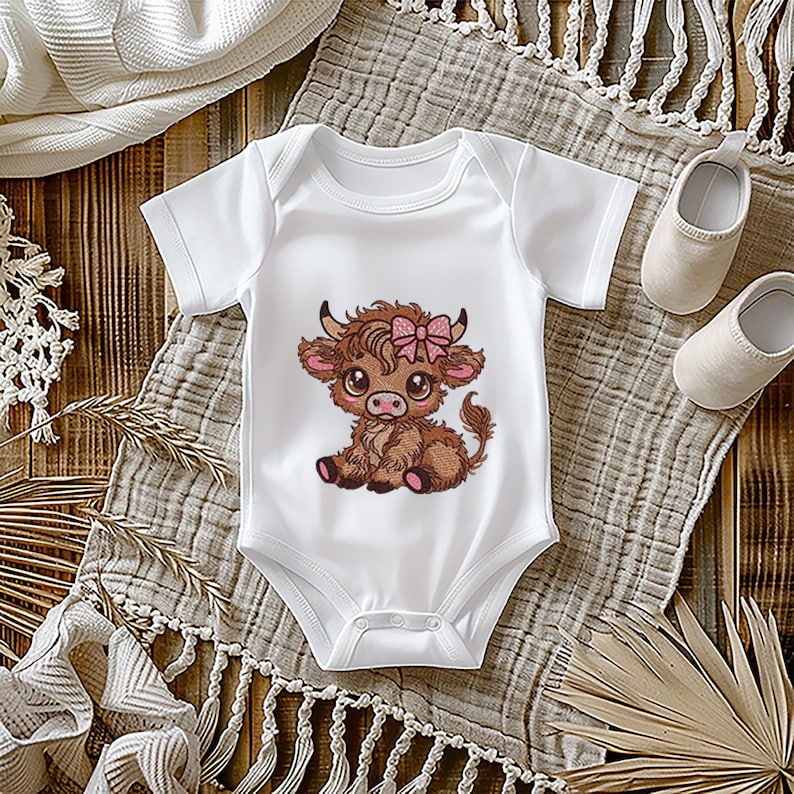 May include: White baby bodysuit featuring a cartoon Highland cow illustration. The brown cow has a pink bow and is sitting down. The bodysuit has short sleeves and poppers. Two small beige baby shoes are placed near the bodysuit.
