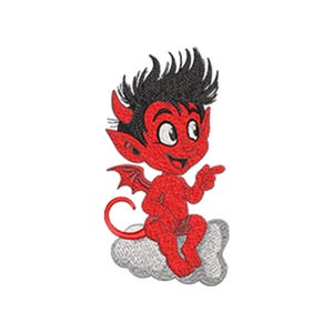 Puede incluir: Diseño bordado de un diablo rojo de dibujos animados con pelo negro, cuernos y alas, sentado en una nube gris. El diablo está señalando hacia la derecha con una sonrisa.