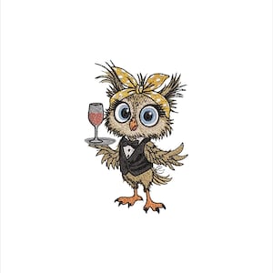 May include: An embroidered design of a cartoon owl wearing a bow tie and vest, holding a tray with a glass of red wine. The owl has large blue eyes, a yellow polka-dot headband, and is set against a white background.