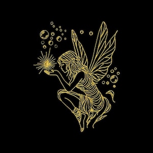 Golden Glow Fairy Machine Embroidery Design: Black Fabric Art (8 Formats, 5 Sizes)