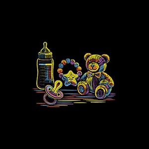 Puede incluir: Ilustración colorida de artículos para bebés sobre un fondo negro. La imagen incluye un biberón, un chupete, un sonajero y un oso de peluche. Los artículos están delineados en amarillo y llenos de colores del arcoíris.