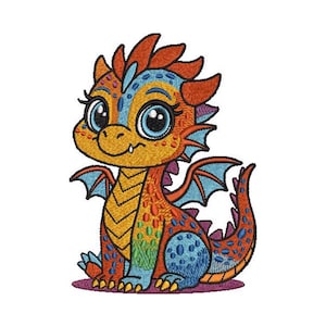 Diseño de bordado de dragón bebé colorido 1 Diseño de bordado de dragón Diseño de dragón bordado a máquina Archivo digital 8 formatos ¡5 tamaños!