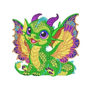 Patrón de bordado de dragón de fantasía colorido Bordado de dragón Bordado a máquina Adorable diseño de dragón bordado Archivo digital 6 tamaños