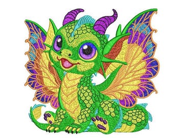 Baby Dragon Machine Embroidery Design: Colorful Fantasy Art (Digital File, 6 Sizes)