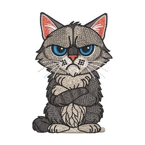 May include: Embroidered design of a grumpy cat with crossed arms. The cat has grey and white fur, blue eyes, and red accents in its ears. The cat's expression is one of displeasure.
