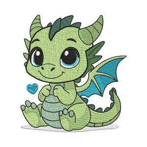 May include: A cute, embroidered green dragon with large blue eyes and a small blue heart. The dragon has green horns, wings, and a spiky crest. It is sitting down with its hands clasped, and the design is on a white background.
