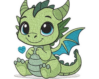 Green Baby Dragon Machine Embroidery Design (Digital File)