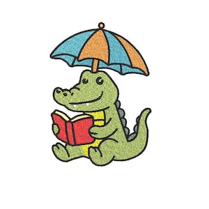 Crocodile Reading Embroidery Design: Adorable Animal Machine Embroidery (Digital File)