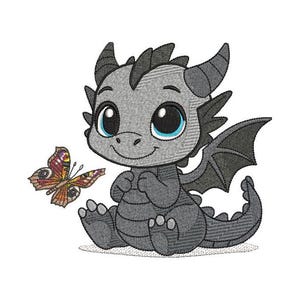 May include: A gray embroidered dragon with large blue eyes, sitting and smiling. The dragon has dark gray horns, wings, and a tail. A colorful butterfly with orange, purple, and brown wings is nearby. The design is on a white background.