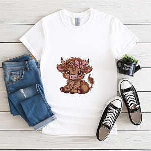 May include: White t-shirt with an embroidered cartoon Highland cow wearing a pink bow. The shirt is styled with blue jeans and black canvas trainers. A small black watering can with the words "Sweet Home" is also visible.