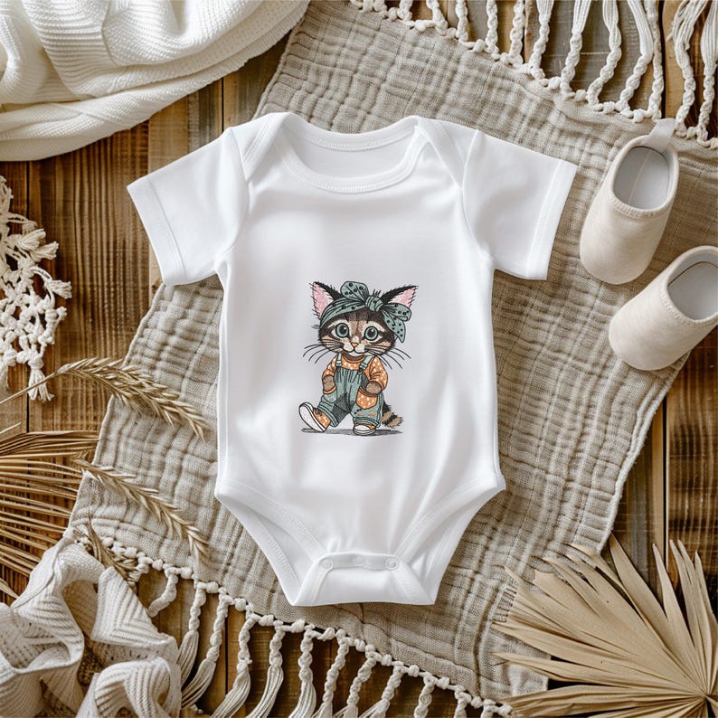 Puede incluir: Body de beb&eacute; blanco con un dise&ntilde;o de gato de dibujos animados. El gato lleva una diadema, un peto y zapatos en tonos marr&oacute;n, naranja y azul. El body se muestra sobre una superficie neutra, con zapatos de beb&eacute;.