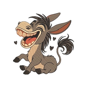 May include: An embroidered design of a smiling donkey with a large open mouth, showing teeth and a red tongue. The donkey is in shades of brown and gray, with black accents and small heart shapes around it.