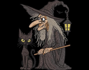 Witch and Black Cat Embroidery Design: Halloween Machine Art (Digital File)