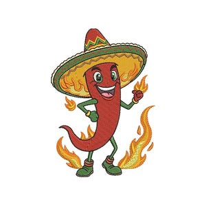 May include: A red chili pepper cartoon character wearing a sombrero and green shoes, surrounded by flames. The chili pepper has a smiling face and is holding a flame in its hand. The sombrero is yellow and green with a red top.