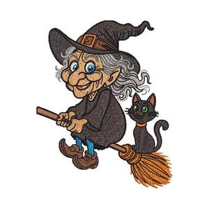 Pode incluir: Ilustração de desenho animado de uma bruxa montada em uma vassoura com um gato preto. A bruxa usa um chapéu preto com fivela, um vestido escuro e botas marrons. O gato tem olhos verdes e uma coleira amarela. A vassoura tem uma escova laranja.