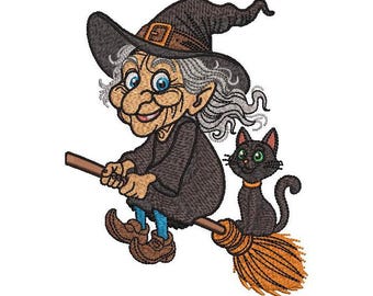 Flying Witch & Black Cat Machine Embroidery Design: Halloween Art (Digital File)