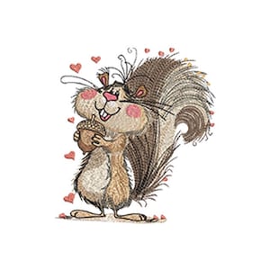 Może przedstawiać: Ilustracja z kreskówki przedstawiająca wiewiórkę trzymającą żołądź, otoczoną małymi czerwonymi sercami. Wiewiórka ma puszysty ogon, różowe policzki i wesołą minę. Wiewiórka jest w odcieniach brązu, beżu i bieli.