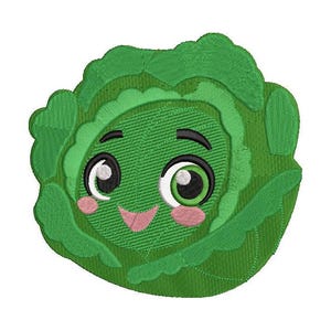 May include: A green embroidered cabbage with a smiling face, rosy cheeks, and large, expressive eyes. The design features a detailed, textured appearance, giving the cabbage a cheerful, cartoon-like quality. The image is set against a plain white background.