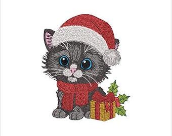 Christmas Kitten Machine Embroidery Design: Embroidery Cat (Instant Download, 8 Formats, 5 Sizes)