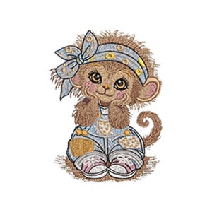 May include: A cartoon monkey with brown fur, wearing blue dungarees, pink and white trainers, and a blue headband with a bow. The monkey is sitting and resting its chin on its hands, with a sweet expression.