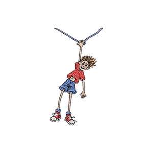 Op de afbeelding: Cartoon illustratie van een jongen die aan een blauw touw hangt. De jongen draagt een rood shirt, een blauwe korte broek en rood-witte sneakers. Hij heeft stekelig bruin haar en lacht.