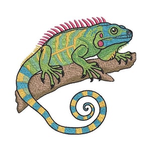 May include: Embroidered iguana design in shades of green, blue, and yellow, perched on a brown branch. The iguana has a pink crest and a curled tail. The design is likely for a patch or applique.