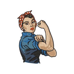 May include: Embroidered image of Rosie the Riveter, a woman with a red and white polka dot bandana, blue work shirt, and flexed arm. The image is a stylized illustration with a determined expression.