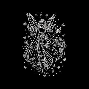 Butterfly Fairy Machine Embroidery Design: Black Fabric Art (8 Formats, 5 Sizes)