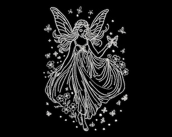 May include: A white line drawing of a fairy on a black background. The fairy has large wings, a flowing dress, and is surrounded by butterflies and flowers. The fairy is holding a butterfly in her hand.