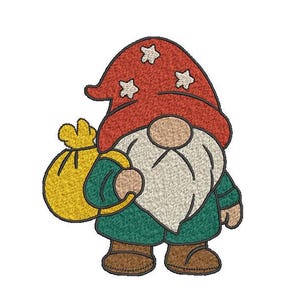 Könnte beinhalten: Ein Cartoon-Gnome mit einem roten Hut mit weißen Sternen, einem weißen Bart und einer grünen Jacke, die einen gelben Sack trägt.