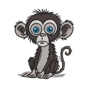 May include: An embroidered design of a cartoon monkey with large blue eyes, a sad expression, and a curly tail. The monkey is primarily dark gray with lighter gray accents and is sitting on a horizontal line.