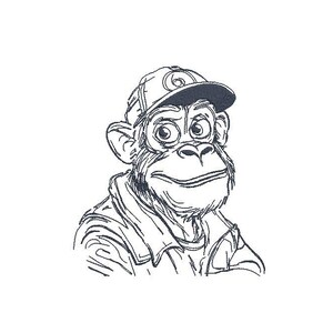 Könnte beinhalten: Eine Schwarz-Weiß-Skizze eines Cartoon-Affen mit Baseballkappe und Jacke. Der Affe hat große Augen und ein leichtes Lächeln, was ihm ein freundliches Aussehen verleiht. Der Zeichenstil ist detailliert, mit sichtbaren Linien.