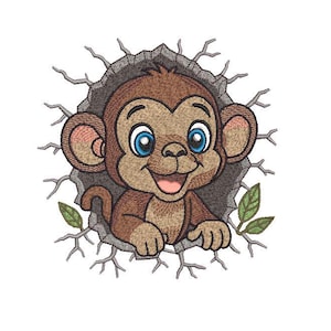 May include: A cartoon monkey with brown fur, blue eyes, and a pink mouth peeks out from a gray hole in a wall. The monkey is surrounded by gray branches and green leaves, creating a playful and whimsical design.