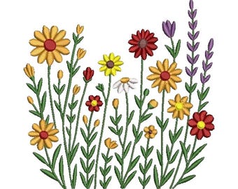 Blooming Flowers Machine Embroidery Design: Field of Flowers (8 Formats, 5 Sizes) Digital File